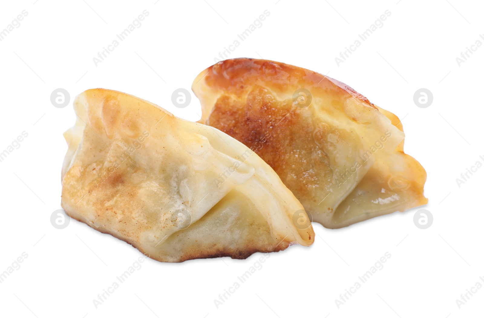 Photo of Delicious fried gyoza dumplings isolated on white