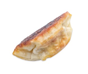 Photo of One fried gyoza dumpling isolated on white, top view