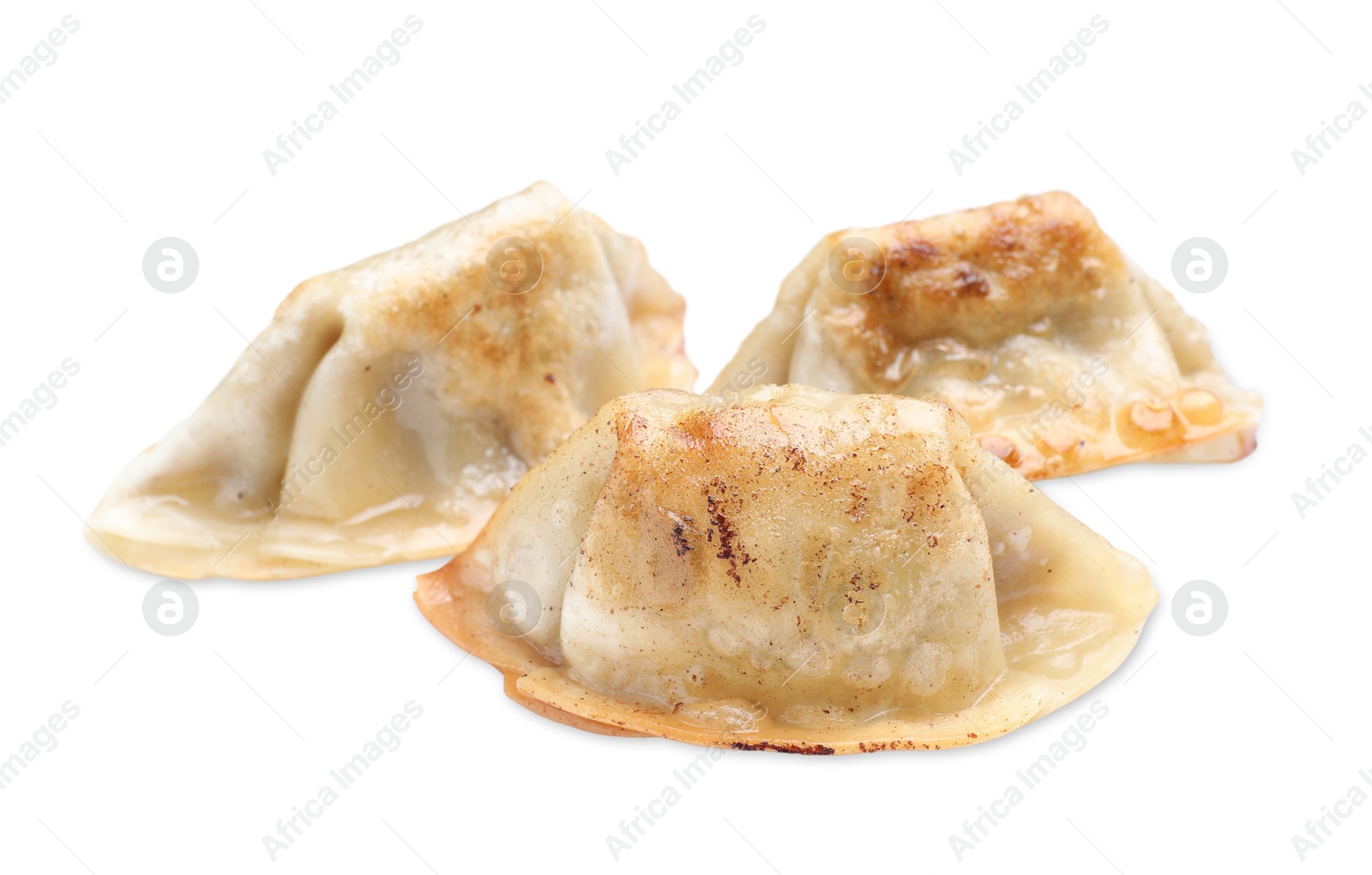 Photo of Delicious fried gyoza dumplings isolated on white