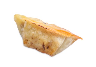 Photo of One fried gyoza dumpling isolated on white, top view