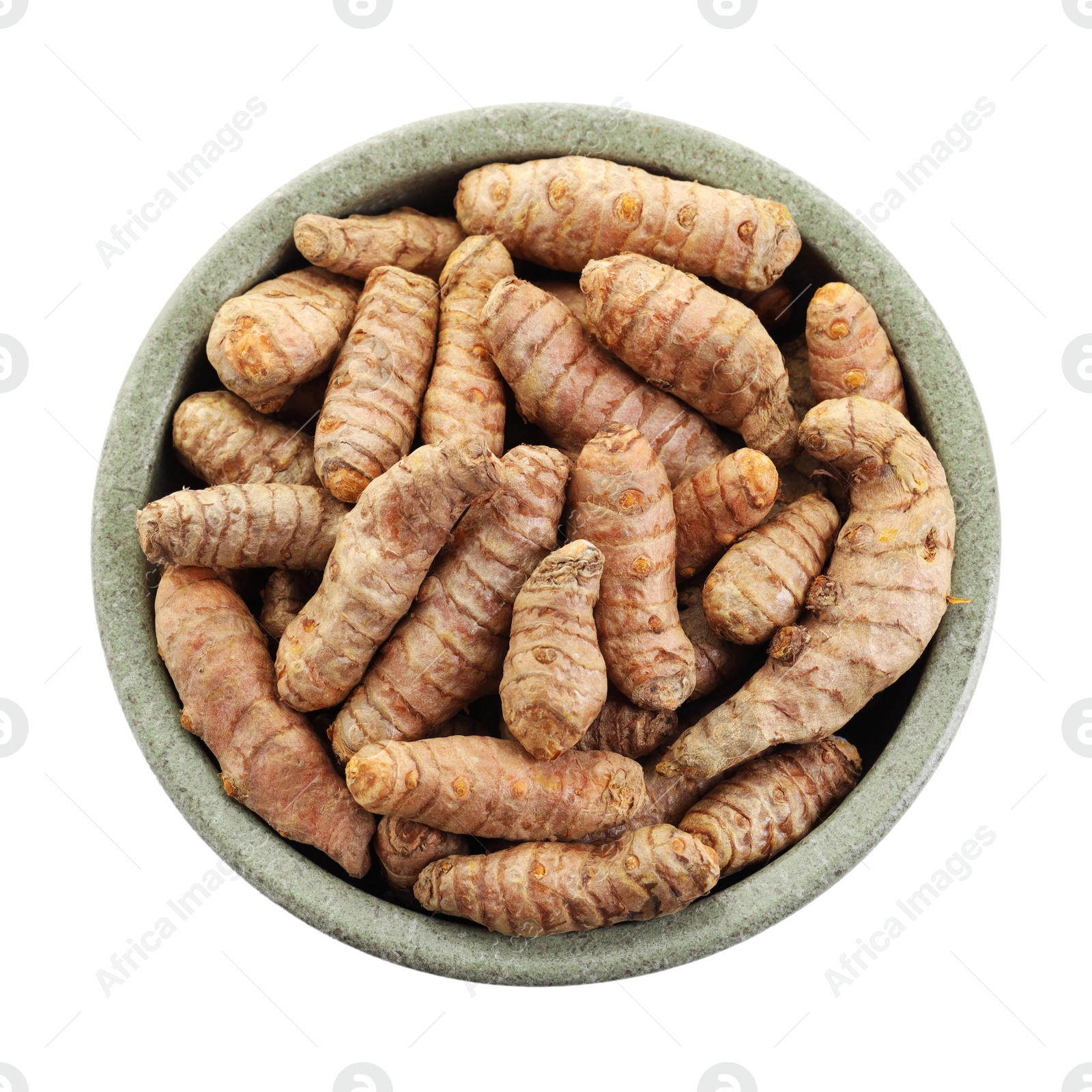 Photo of Tumeric rhizomes in bowl isolated on white, top view