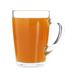 Photo of Aromatic turmeric tea in glass cup isolated on white