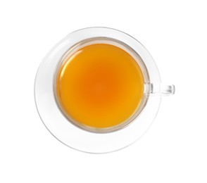 Photo of Aromatic turmeric tea in glass cup isolated on white, top view