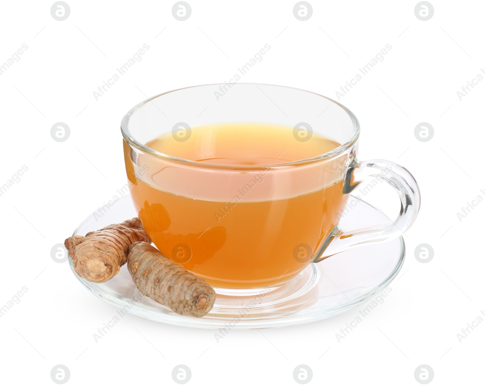 Aromatic turmeric tea in glass cup and roots isolated on white Photo of Aromatic turmeric tea in glass cup and roots isolated on white