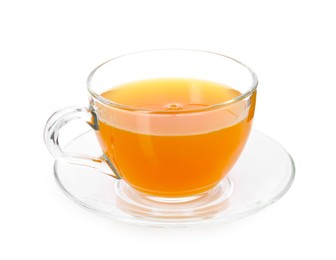 Photo of Aromatic turmeric tea in glass cup isolated on white