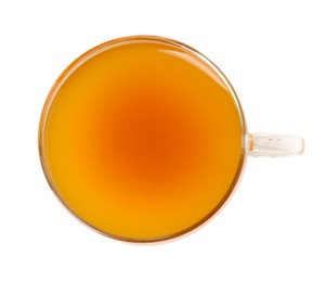 Photo of Aromatic turmeric tea in glass cup isolated on white, top view