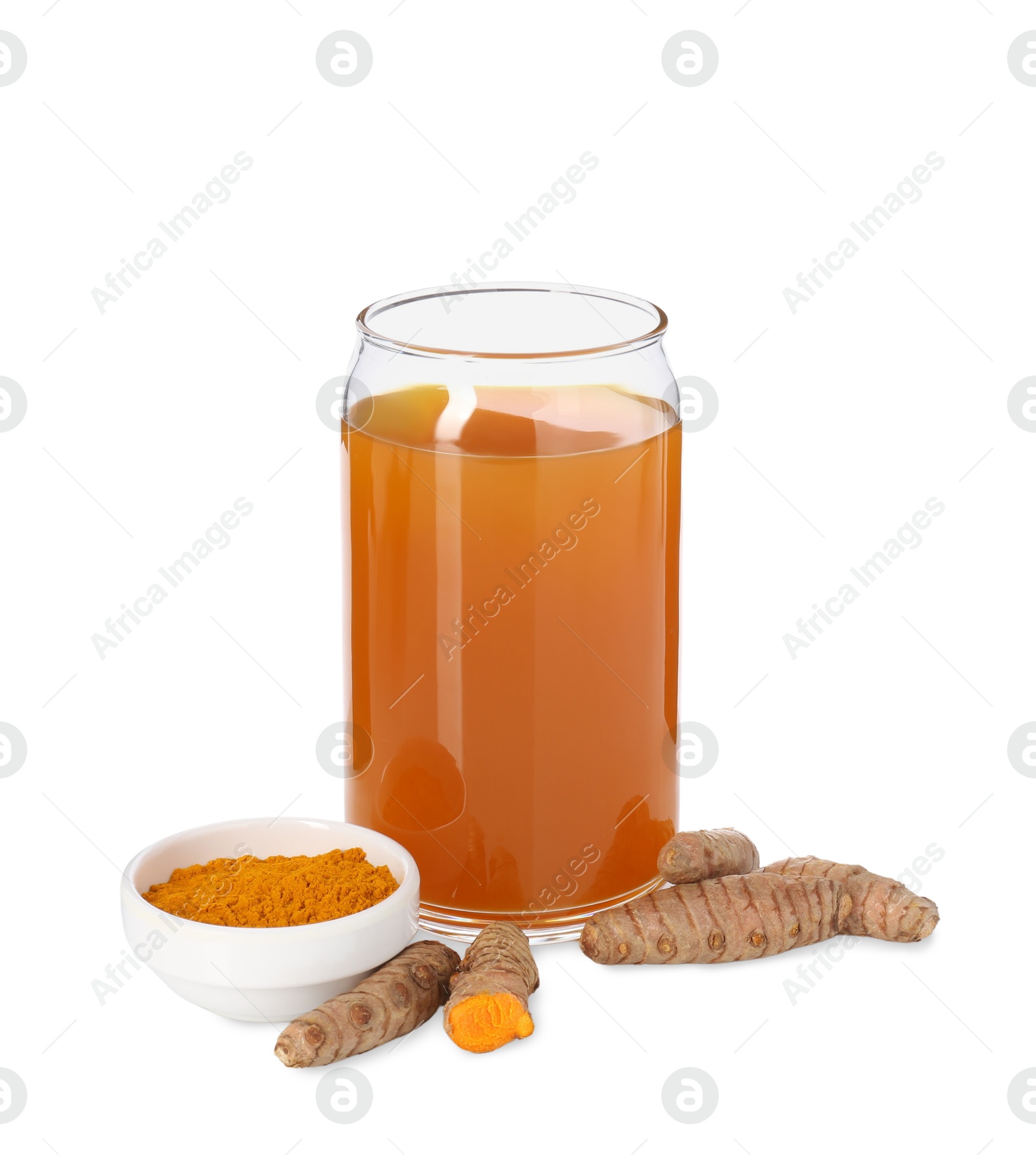 Photo of Aromatic turmeric tea in glass, roots and powder isolated on white