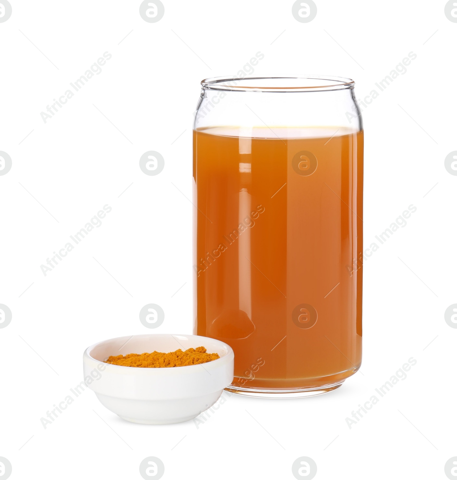 Photo of Aromatic turmeric tea in glass and powder isolated on white