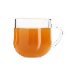 Photo of Aromatic turmeric tea in glass cup isolated on white