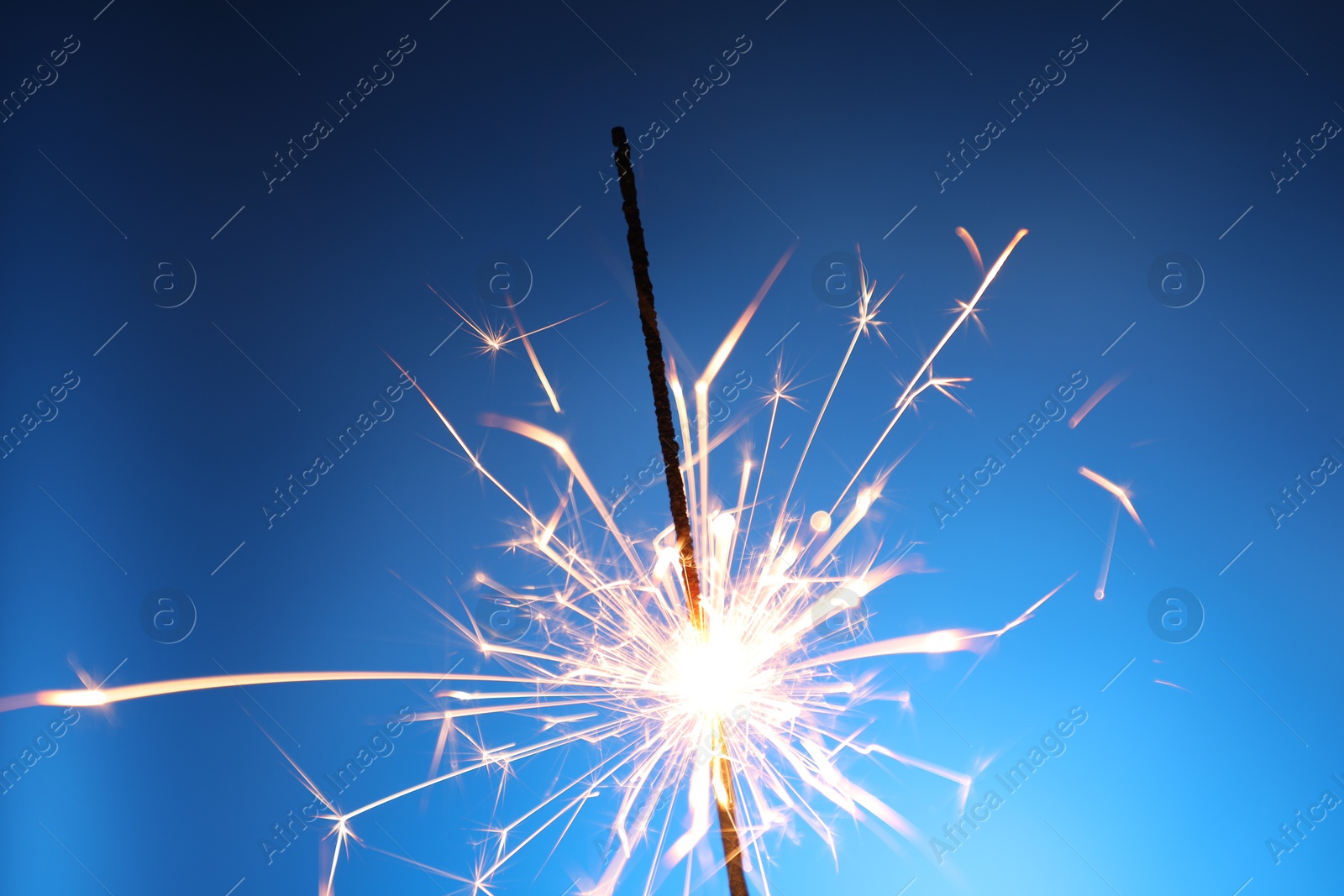 Photo of Bright burning sparkler on blue background, closeup