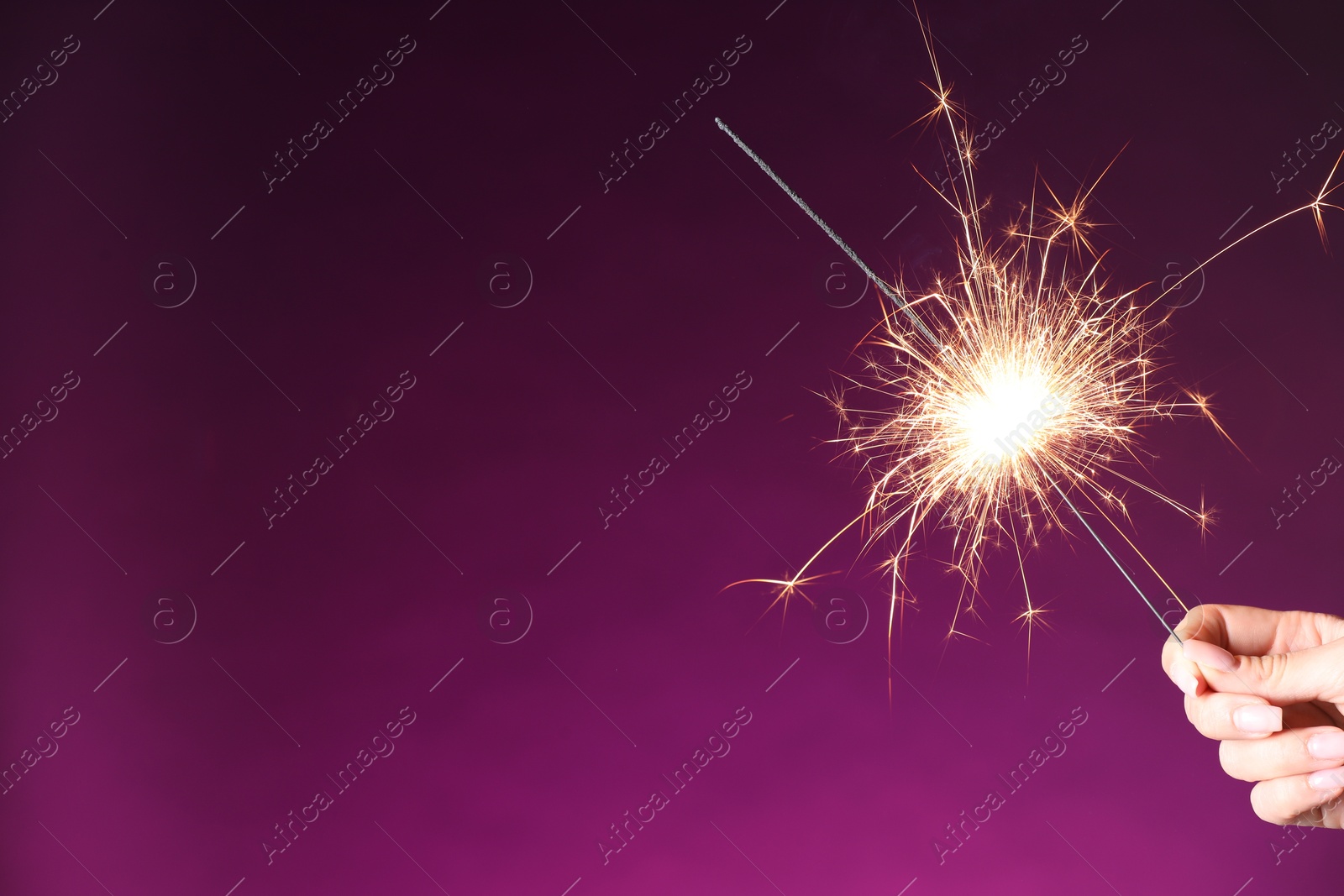 Photo of Woman with burning sparkler on purple background, closeup. Space for text