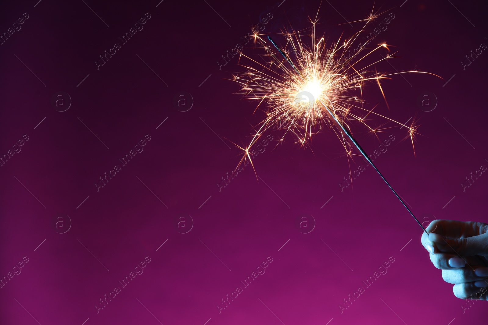 Photo of Woman with burning sparkler on purple background, closeup. Space for text