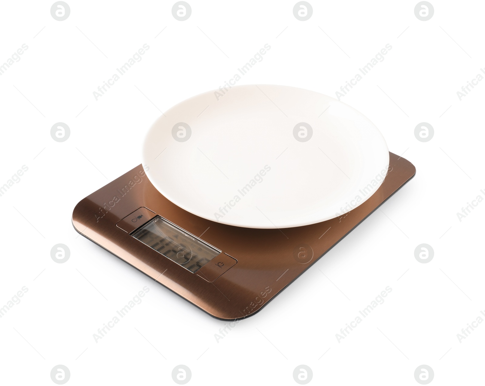 Photo of Modern electronic kitchen scale with plate isolated on white