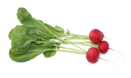 Photo of Three fresh ripe radishes isolated on white, top view