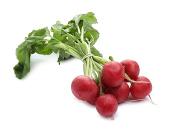 Photo of Bunch of fresh ripe radishes isolated on white