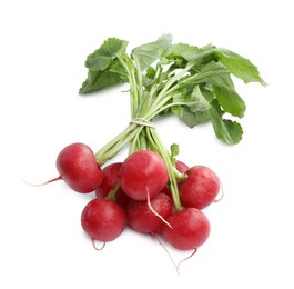 Photo of Bunch of fresh ripe radishes isolated on white, top view