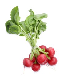 Photo of Bunch of fresh ripe radishes isolated on white, top view