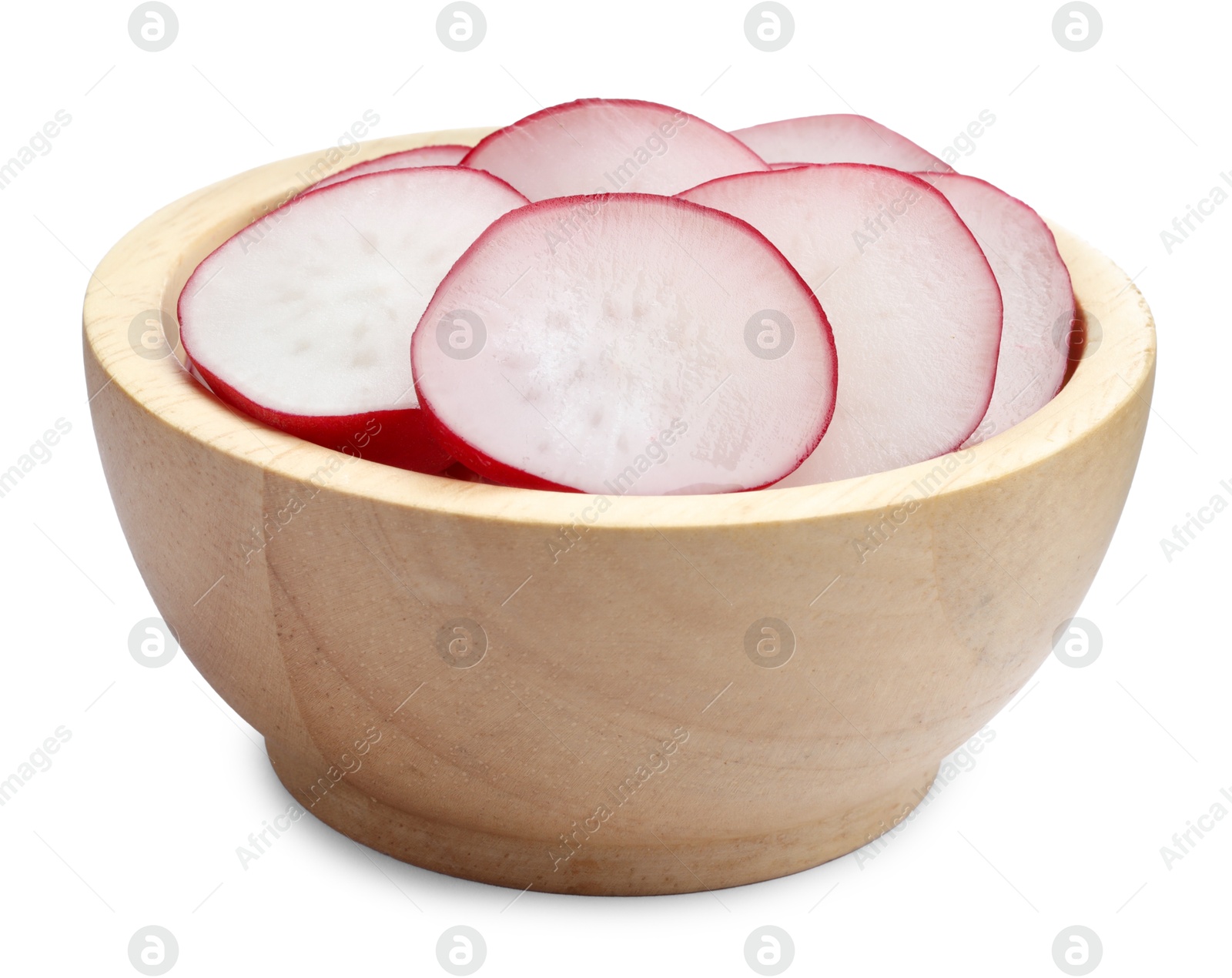 Photo of Radish slices in bowl isolated on white