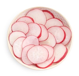 Photo of Radish slices in bowl isolated on white, top view