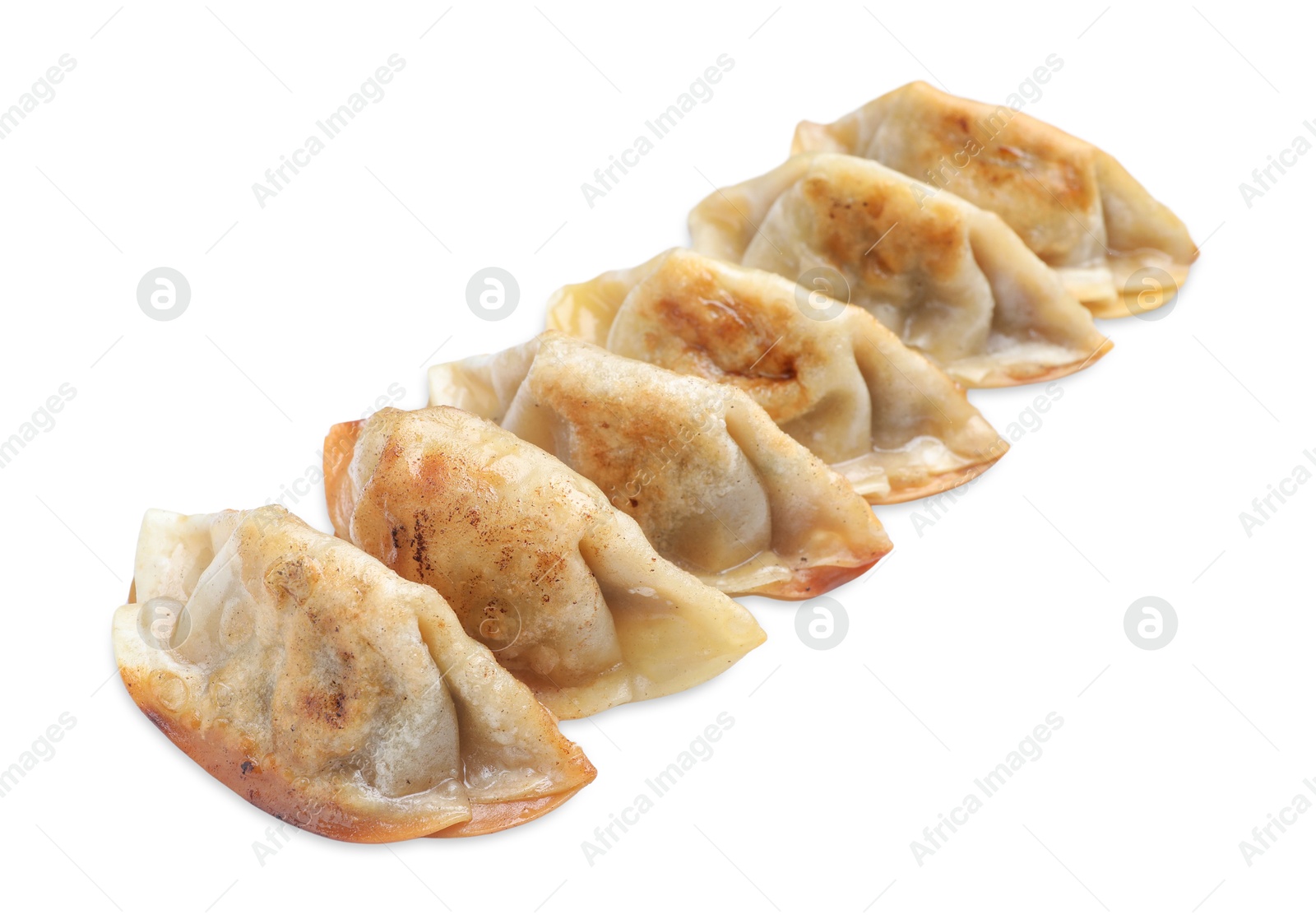 Photo of Delicious fried gyoza dumplings isolated on white