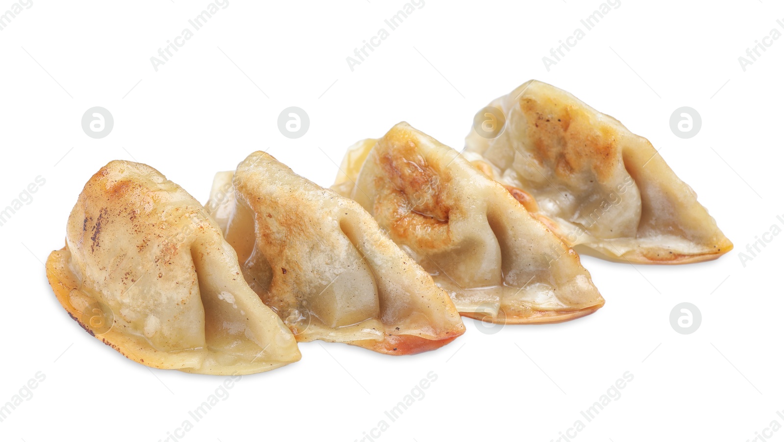 Photo of Delicious fried gyoza dumplings isolated on white