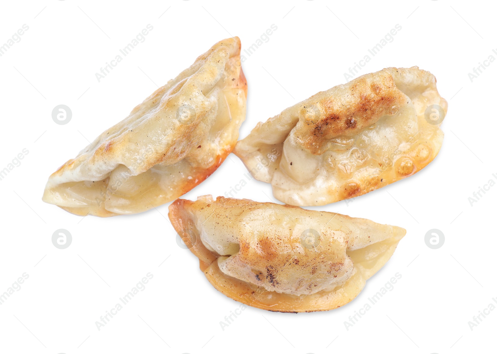 Photo of Delicious fried gyoza dumplings isolated on white, top view