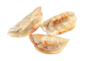 Delicious fried gyoza dumplings isolated on white, top view