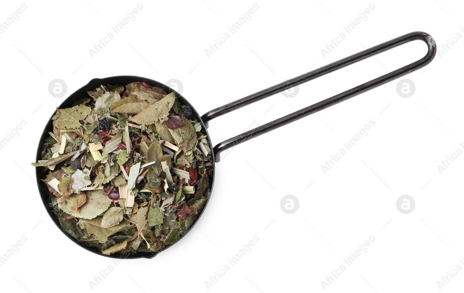 Photo of Dry herbal tea brew in scoop isolated on white, top view