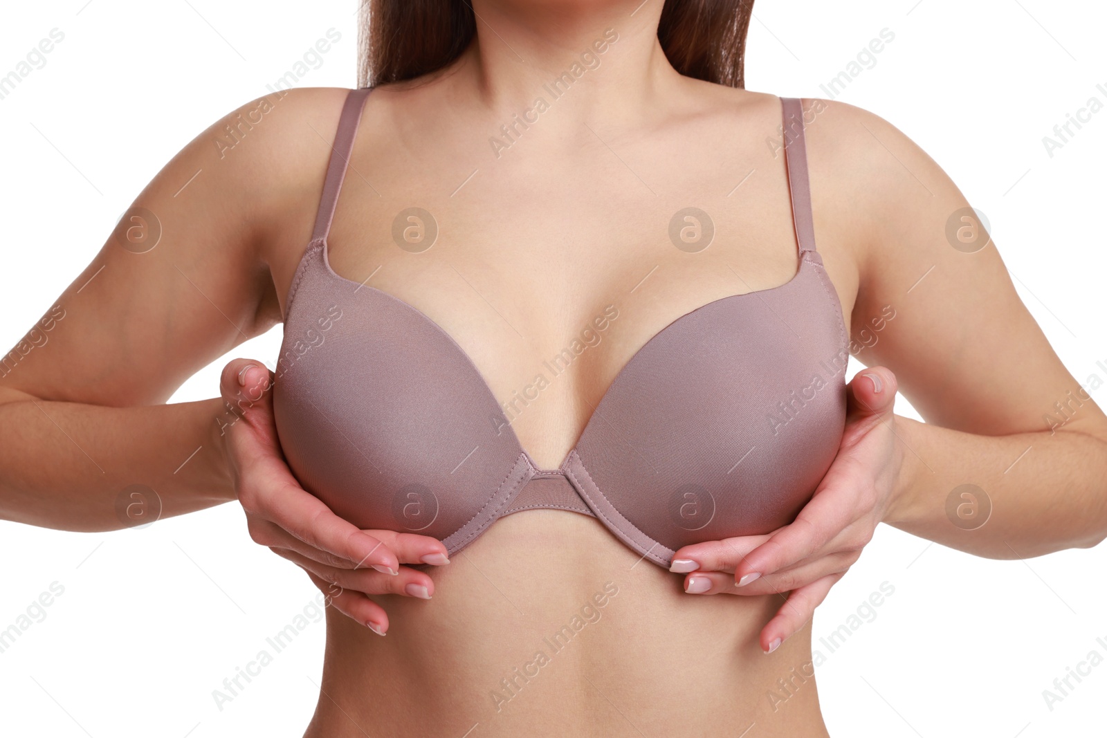 Photo of Woman wearing beautiful bra on white background, closeup