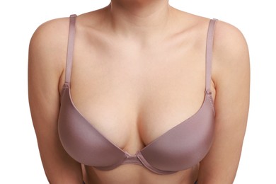 Photo of Woman wearing beautiful bra on white background, closeup