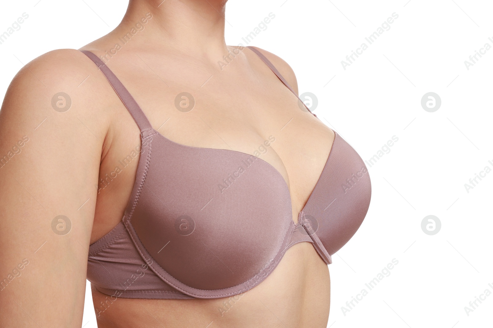 Photo of Woman wearing beautiful bra on white background, closeup