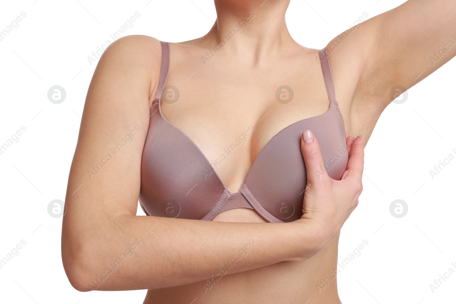 Photo of Woman wearing beautiful bra on white background, closeup