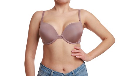 Photo of Woman wearing beautiful bra on white background, closeup