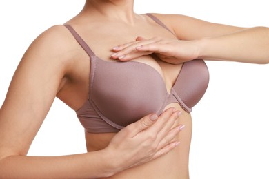 Photo of Woman wearing beautiful bra on white background, closeup