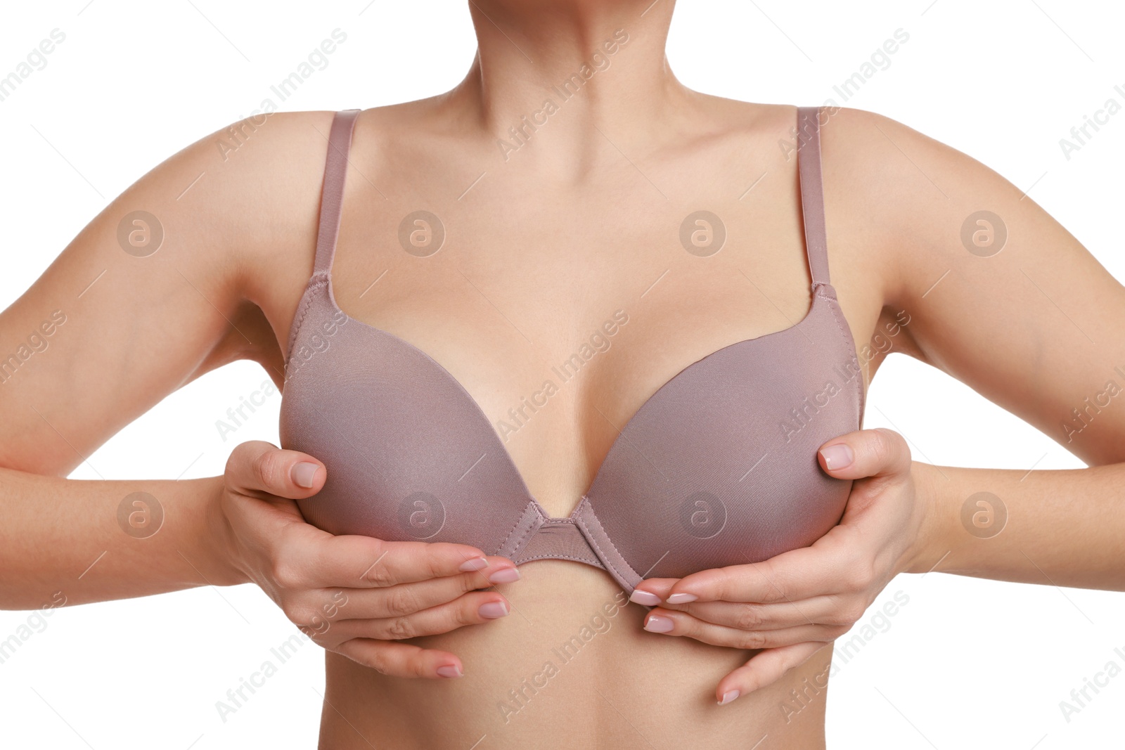 Photo of Woman wearing beautiful bra on white background, closeup