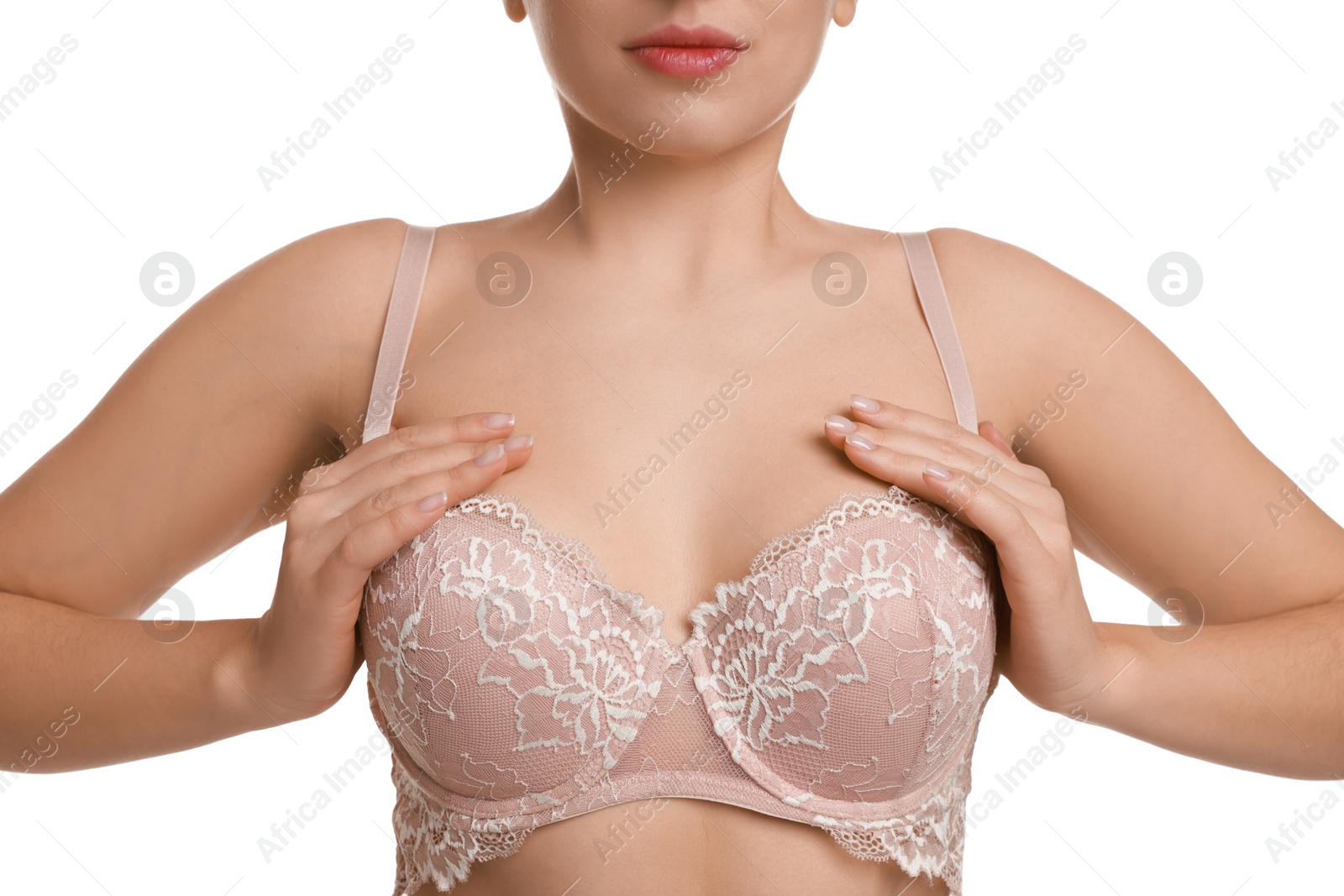 Photo of Woman wearing beautiful bra on white background, closeup