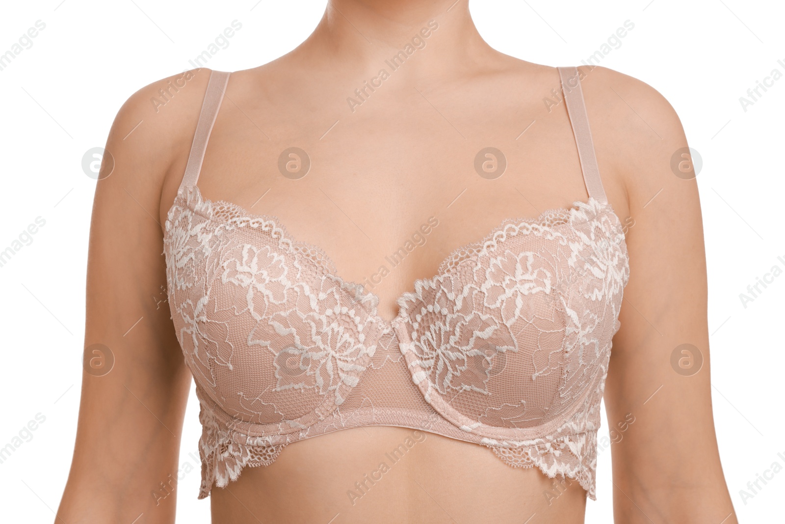 Photo of Woman wearing beautiful bra on white background, closeup