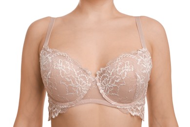 Photo of Woman wearing beautiful bra on white background, closeup