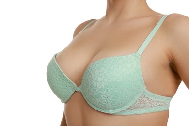 Photo of Woman wearing beautiful bra on white background, closeup