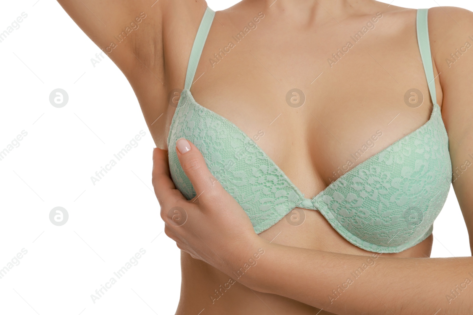 Photo of Woman wearing beautiful bra on white background, closeup