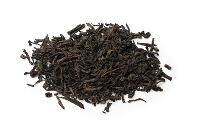 Photo of Pile of dry tea leaves isolated on white, top view