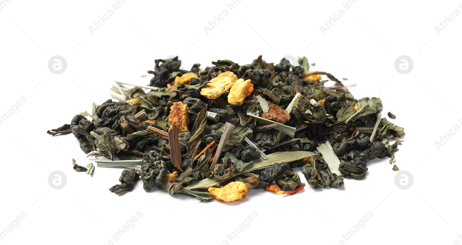 Photo of Pile of dry tea leaves isolated on white