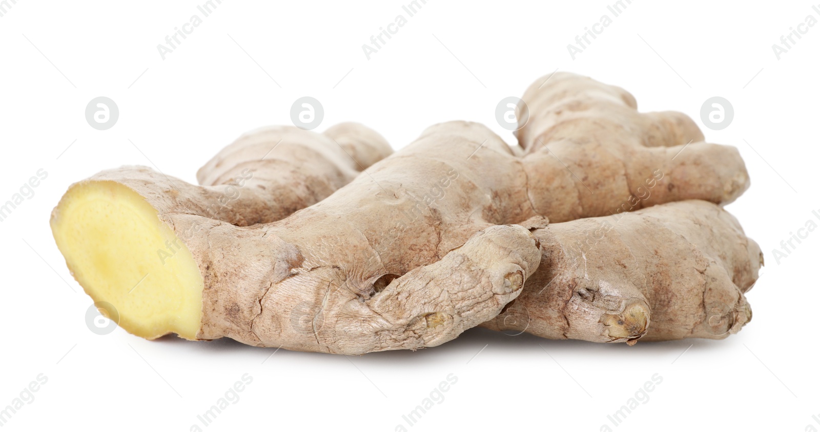 Photo of Fresh ginger isolated on white. Root vegetable