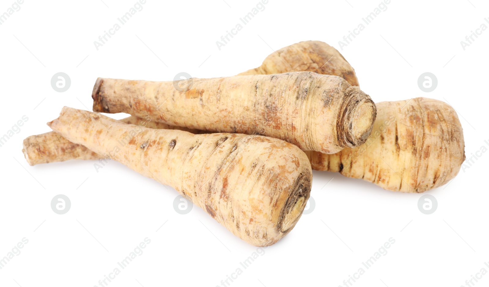 Photo of Many fresh parsnips isolated on white. Root vegetable