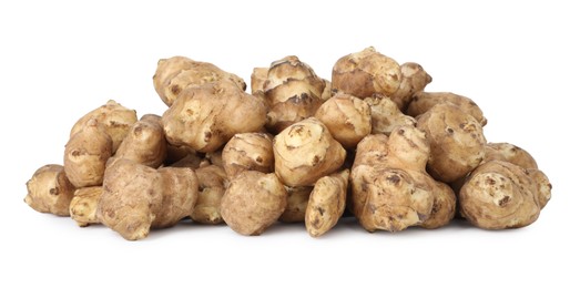 Photo of Fresh Jerusalem artichokes isolated on white. Root vegetable