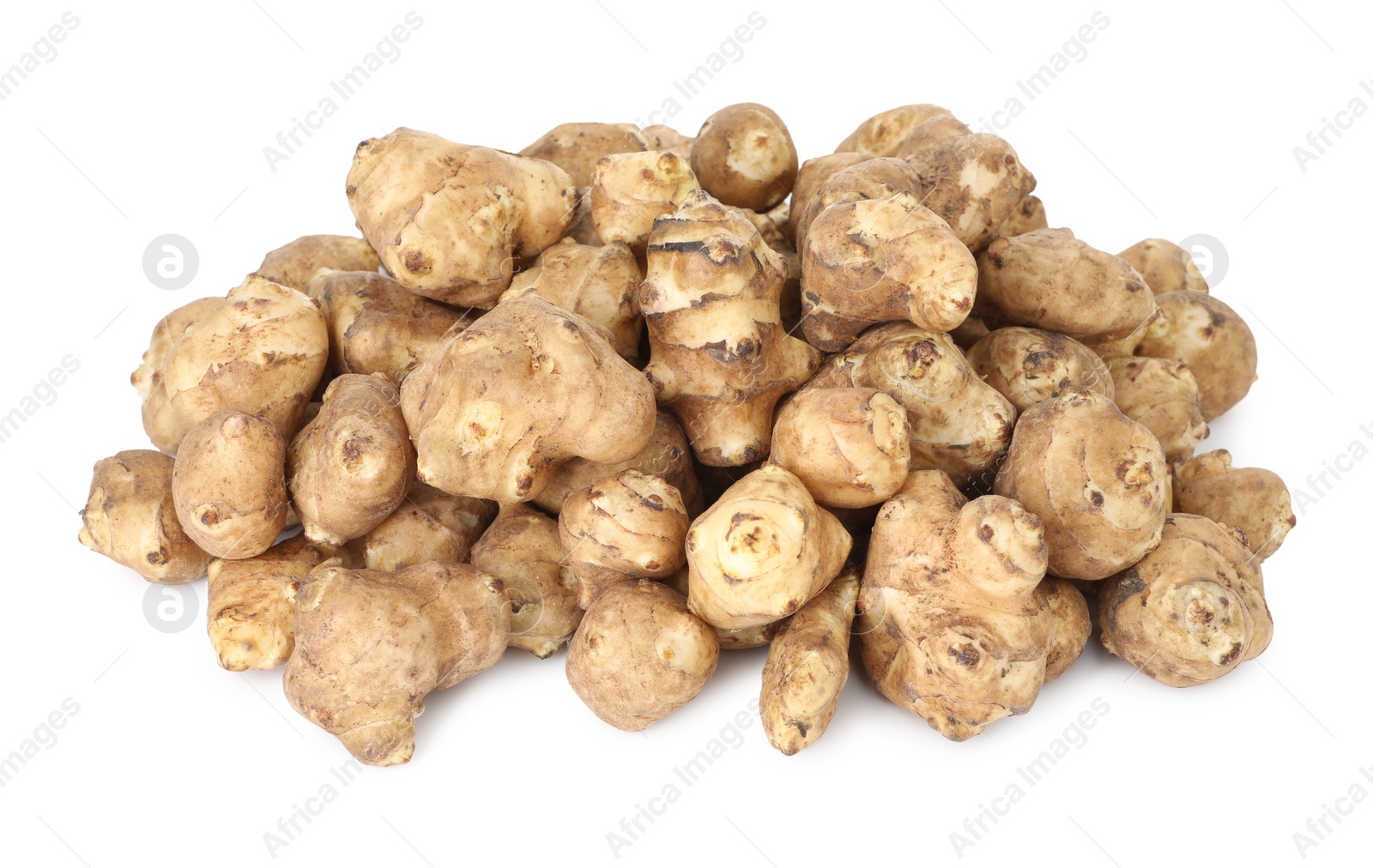 Photo of Fresh Jerusalem artichokes isolated on white. Root vegetable