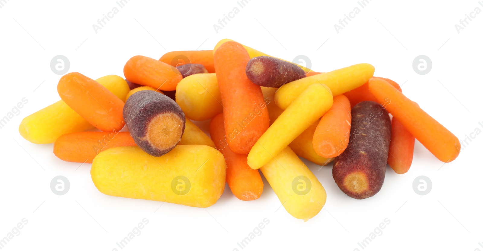 Photo of Different fresh baby carrots isolated on white. Root vegetable