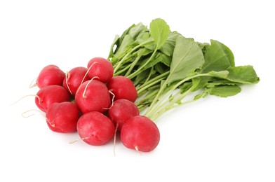 Photo of Fresh ripe radishes isolated on white. Root vegetable