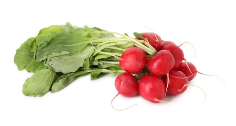 Photo of Fresh ripe radishes isolated on white. Root vegetable