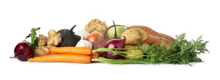 Photo of Many different root vegetables isolated on white